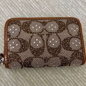 Coach Crystal Signature Jacquard Card Case Wallet Brown Sparkle